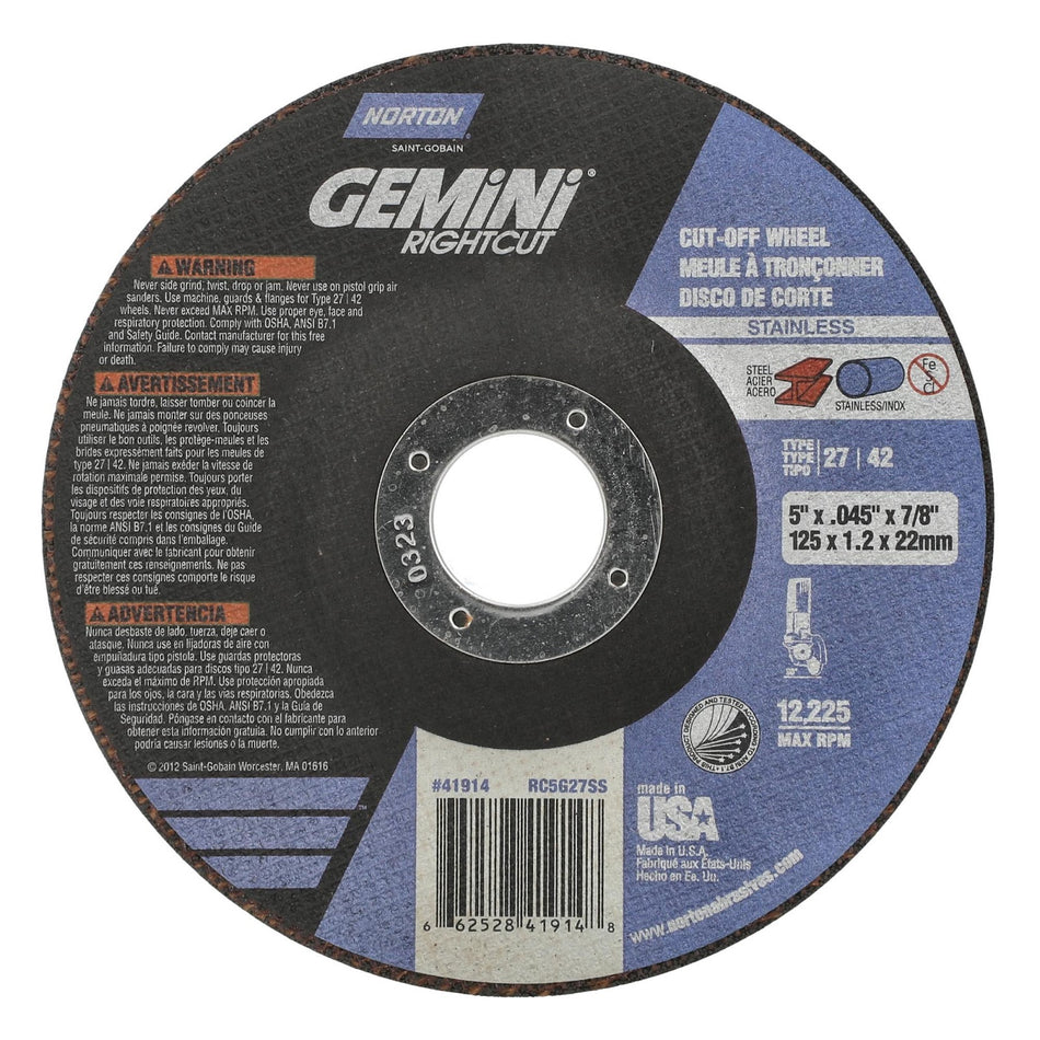Norton 5 x 0.045 x 7/8 in Gemini Type 42 Cut-Off Wheel AO 46 Grit Q, 25-Pack