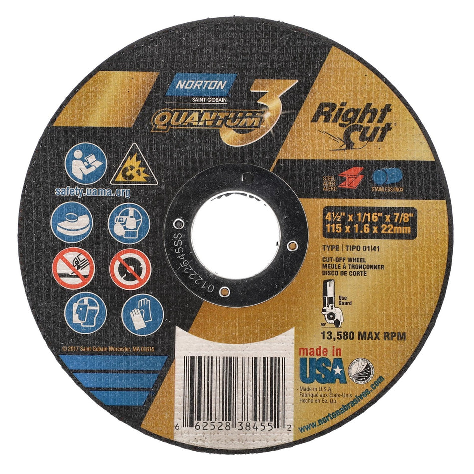 Norton 4-1/2 x 1/16 in Quantum3 Type 41 Cut-Off Wheel CA 36 Grit V, 25-Pack