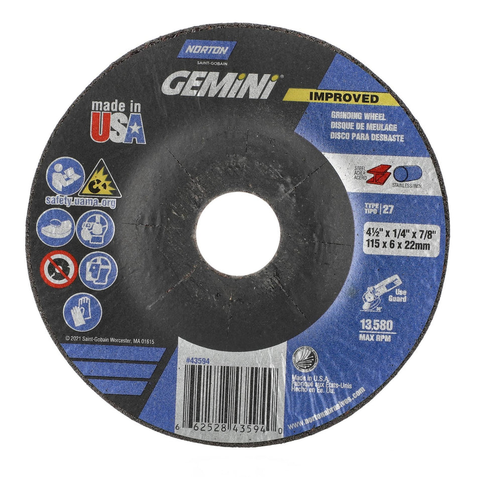 Norton 4-1/2 x 1/4 in Gemini Type 27 Grinding Wheel AO 24 Grit T B, 25-Pack