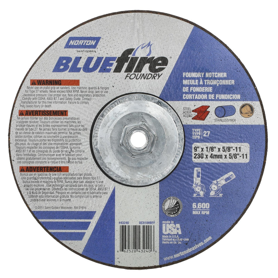 Norton 9 in x 1/8 in x 5/8 in-11 BlueFire Type 27 Grinding Wheel ZA/SC 24 Grit T, 10-Pack