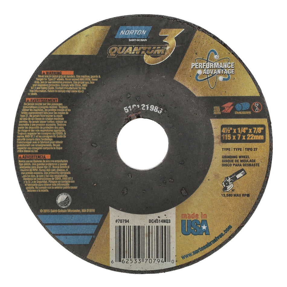 Norton 4-1/2 x 1/4 x 7/8 in Quantum Type 27 Grinding Wheel CA 20 Grit P, 25-Pack