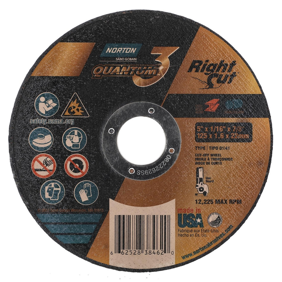 Norton 5 x 1/16 x 7/8 in Quantum3 Type 41 Cut-Off Wheel CA 36 Grit V, 25-Pack