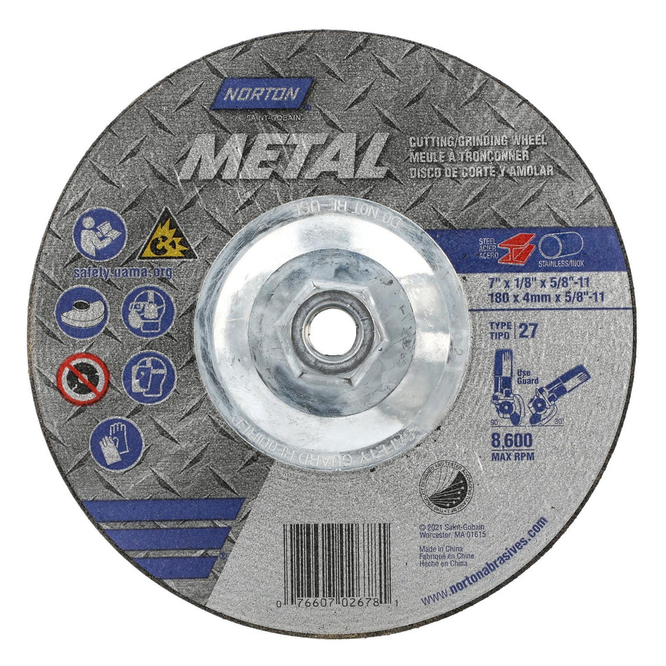 Norton 7 in x 1/8 in x 5/8 in-11 Metal Type 27 Grinding Wheel AO 24 Grit T, 10-Pack