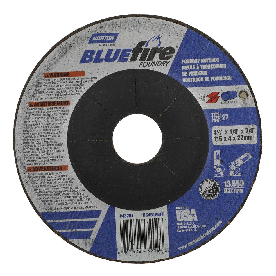 Norton 4-1/2 x 1/8 x 7/8 in BlueFire Type 27 Grinding Wheel ZA/SC 24 Grit T, 25-Pack