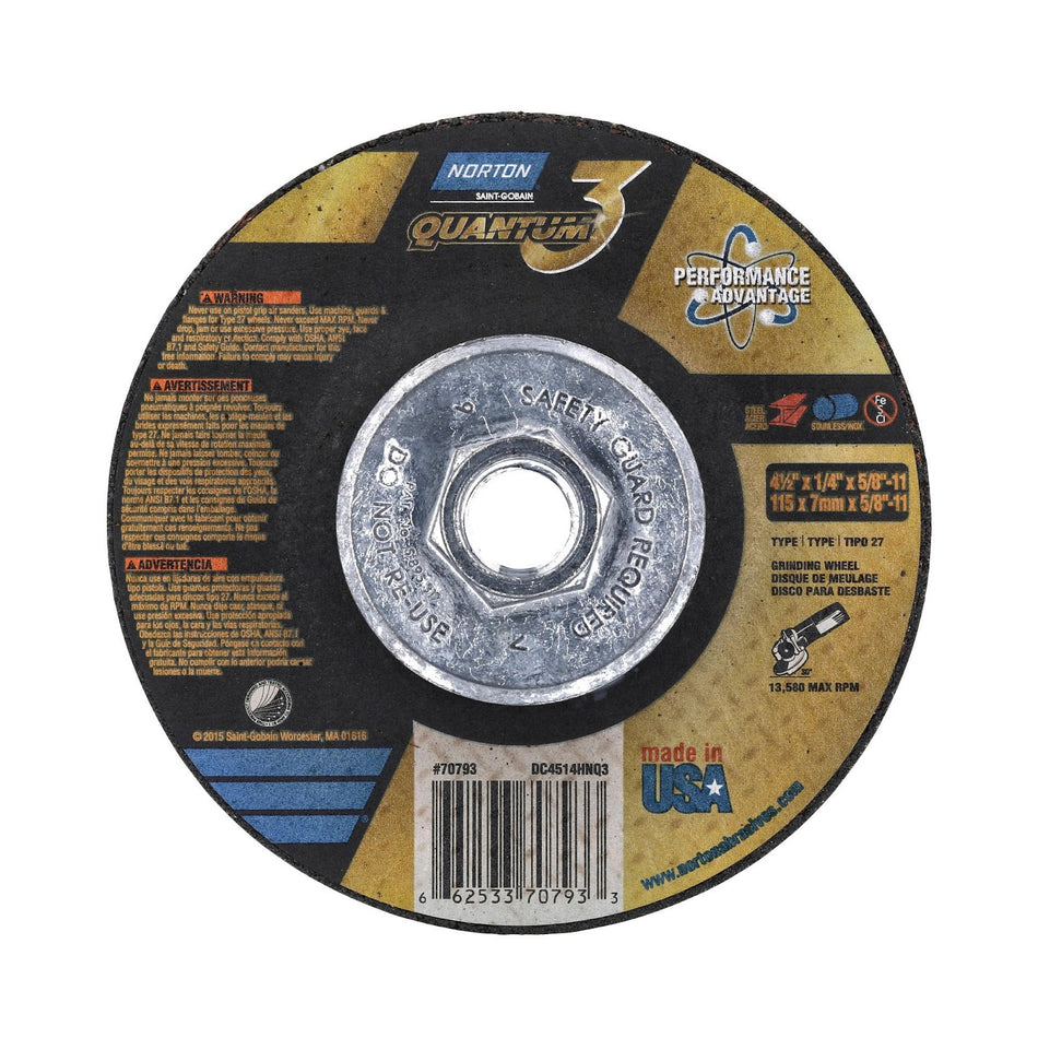 Norton 4-1/2 in x 1/4 in x 5/8 in-11 Quantum3 Type 27 Grinding Wheel CA 20 Grit P, 10-Pack