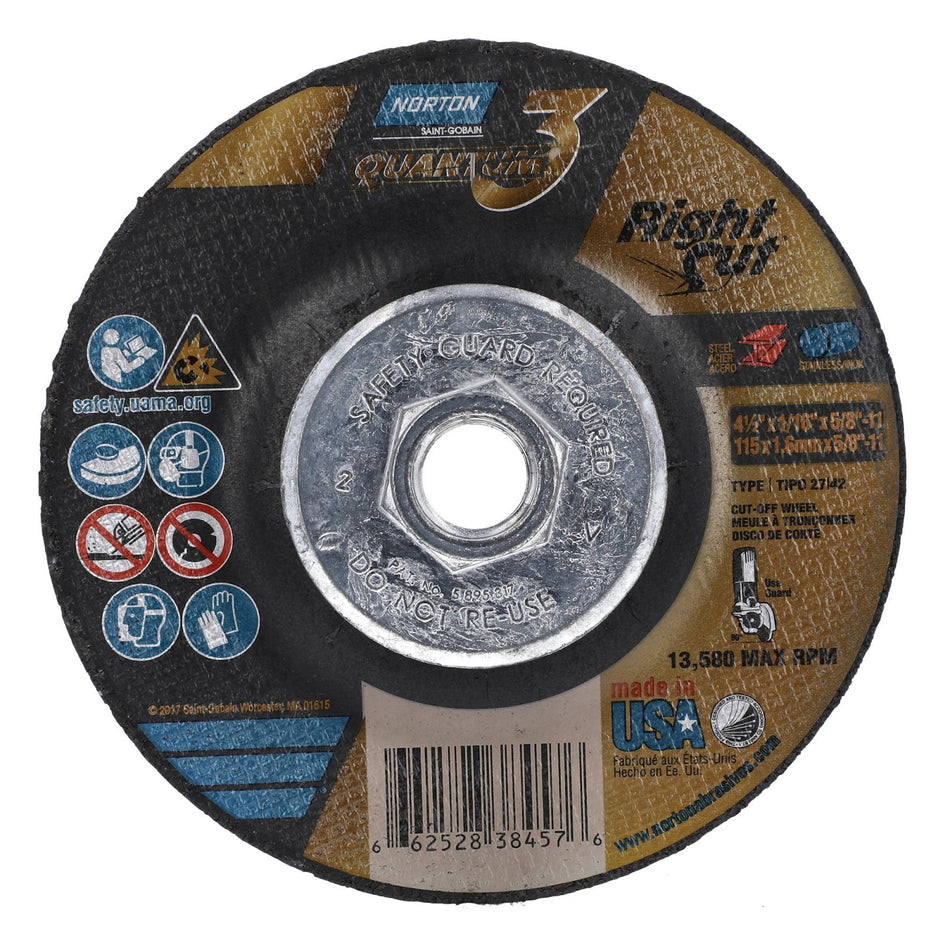Norton 4-1/2 in x 1/16 in x 5/8 in-11 Quantum3 Type 42 Cut-Off Wheel CA 36 Grit V, 10-Pack