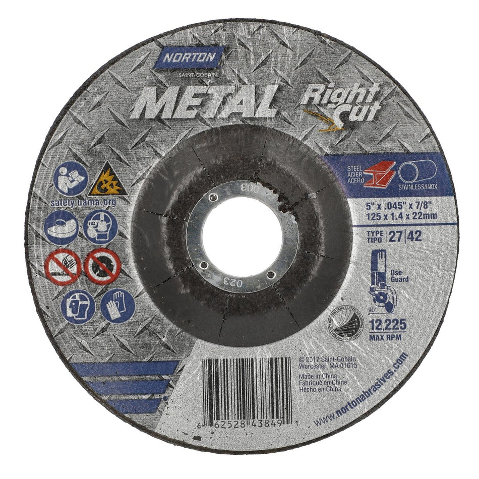 Norton 5 in x 1.4 mm x 7/8 in Metal Type 42 Cut-Off Wheel AO 46 Grit Q B, 25-Pack
