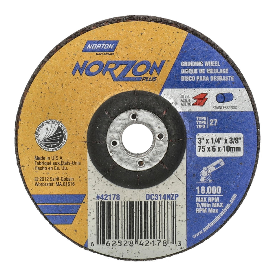 Norton 3 x 1/4 x 3/8 in NorZon Plus Type 27 Grinding Wheel CA 20 Grit S, 25-Pack