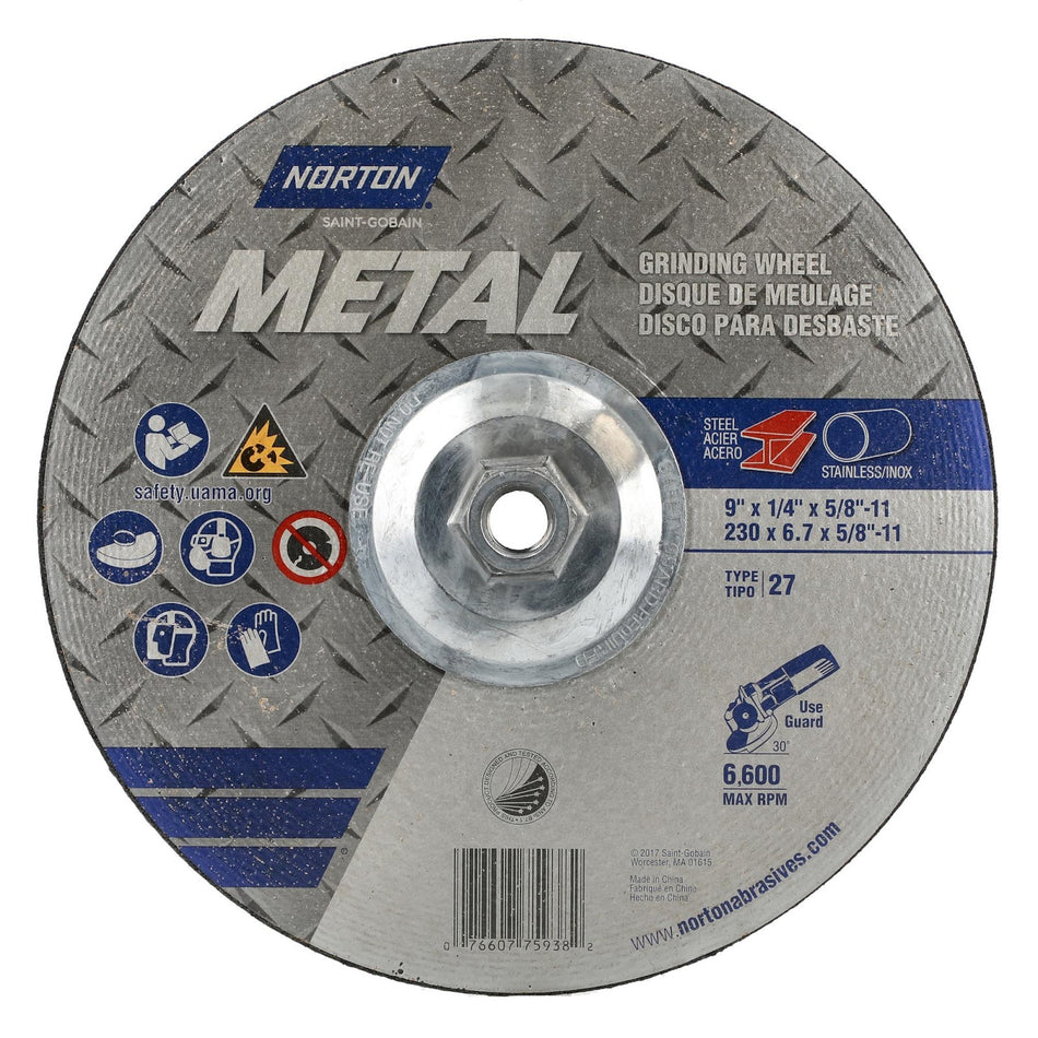 Norton 9 in x 1/4 in x 5/8 in-11 Metal Type 27 Grinding Wheel AO 24 Grit S B