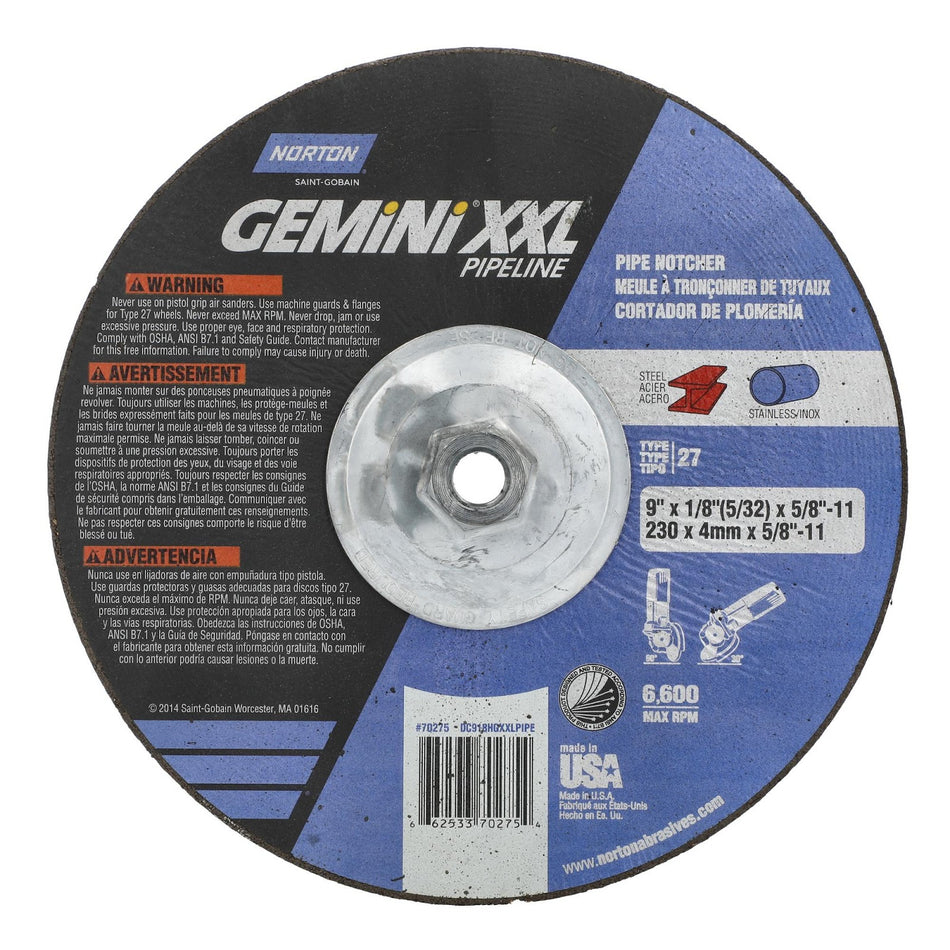 Norton 9 in x 1/8 in x 5/8 in-11 Gemini XXL Type 27 Grinding Wheel AO 30 Grit V, 10-Pack