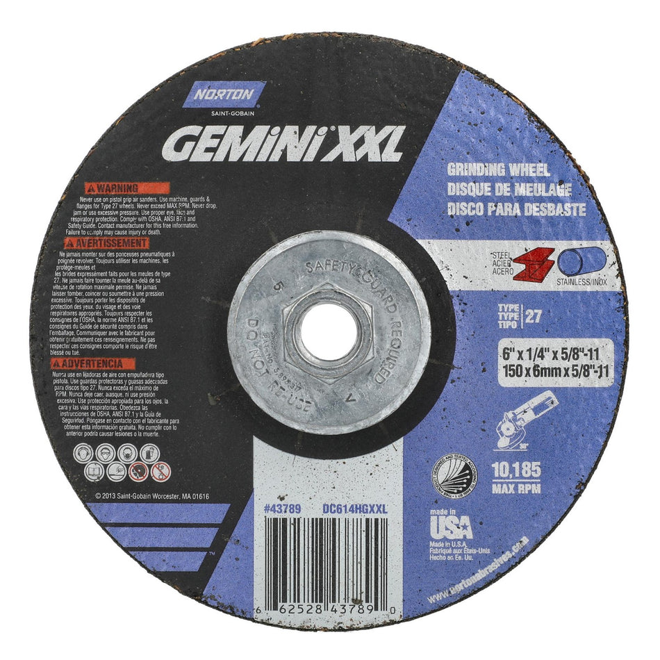 Norton 6 in x 1/4 in x 5/8 in-11 Gemini XXL Type 27 Grinding Wheel AO 24 Grit S, 10-Pack