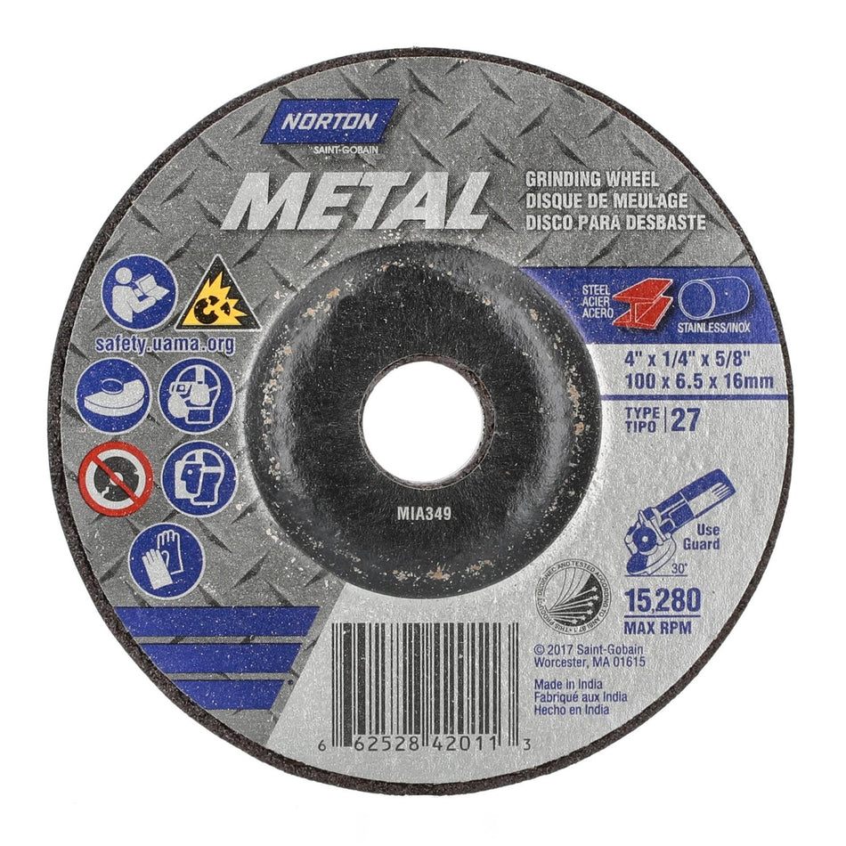 Norton 4 x 1/4 x 5/8 in Metal Type 27 Grinding Wheel AO 24 Grit Q B, 25-Pack