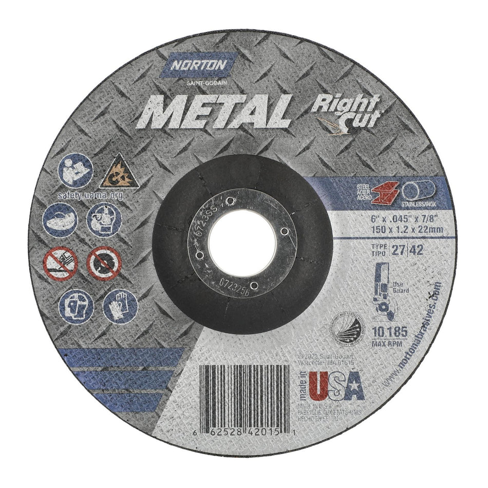 Norton 6 x 0.045 x 7/8 in Metal Type 42 Cut-Off Wheel AO 36 Grit Q, 25-Pack
