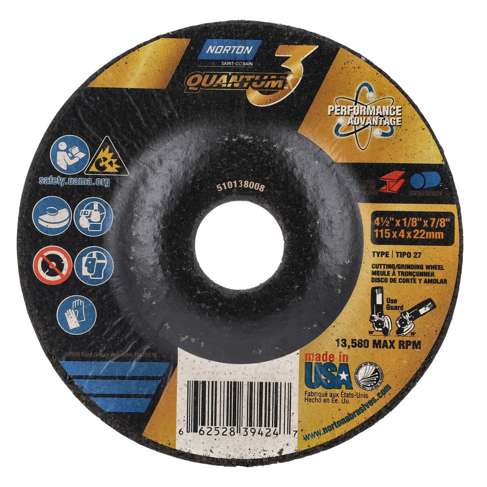Norton 4-1/2 x 1/8 x 7/8 in Quantum3 Type 27 Grinding Wheel CA 24 Grit S, 25-Pack