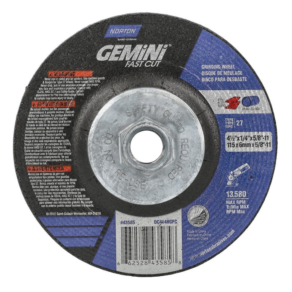 Norton 4-1/2 in x 1/4 in x 5/8 in-11 Gemini Type 27 Grinding Wheel AO 24 Grit N B, 10-Pack