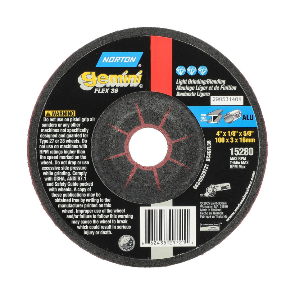 Norton 4 x 1/8 in Gemini Type 27 Grinding Wheel AO 36 Grit P, 20-Pack