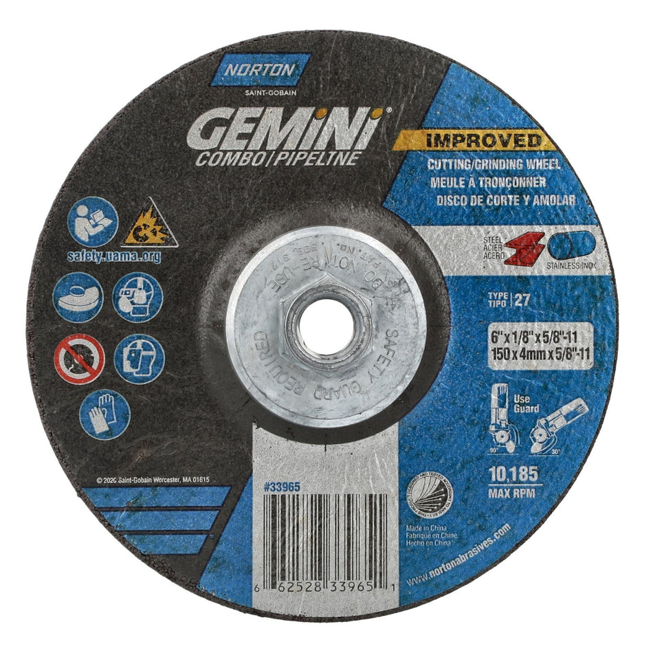 Norton 6 in x 1/8 in x 5/8 in-11 Gemini Type 27 Grinding Wheel AO 24 Grit T, 10-Pack