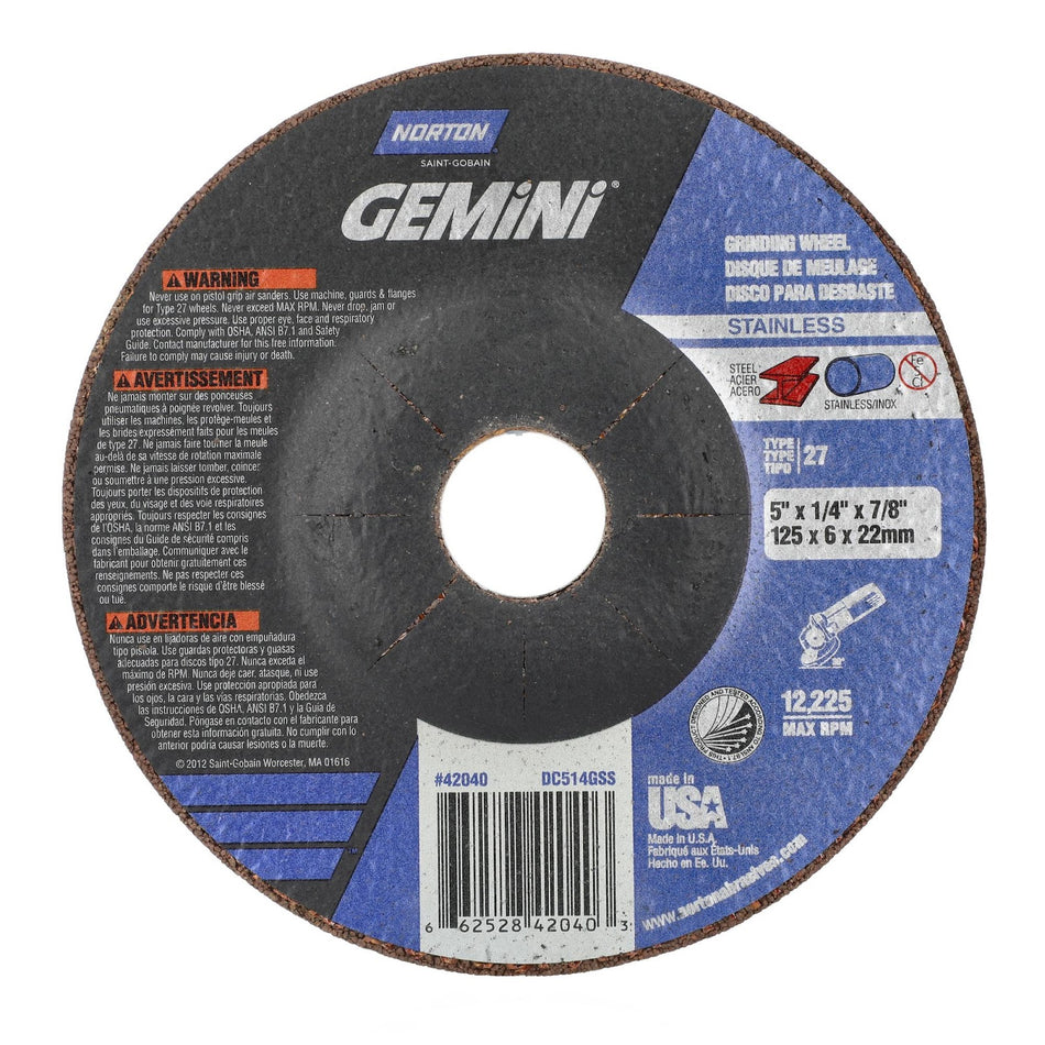 Norton 5 x 1/4 in Gemini Type 27 Grinding Wheel AO 24 Grit Q, 25-Pack