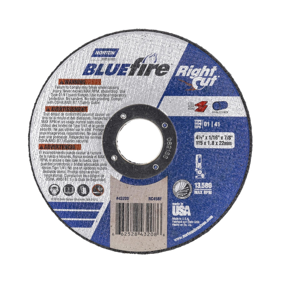 Norton 4-1/2 x 1/16 in BlueFire Type 41 Cut-Off Wheel AO 36 Grit Q, 25-Pack