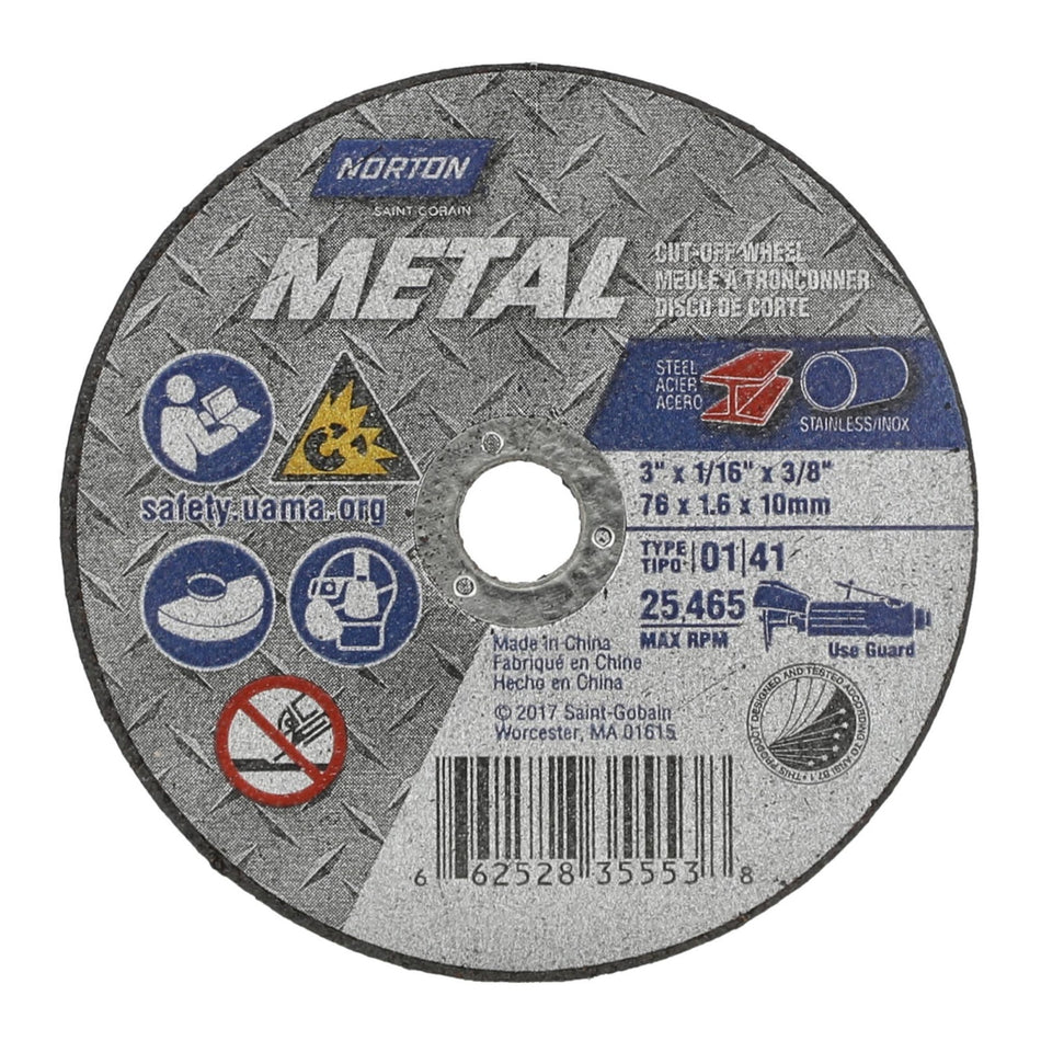 Norton 3 x 1/16 in Metal Type 41 Cut-Off Wheel AO 36 Grit T, 25-Pack