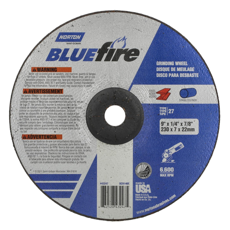 Norton 9 x 1/4 in BlueFire Type 27 Grinding Wheel ZA 24 Grit S, 20-Pack