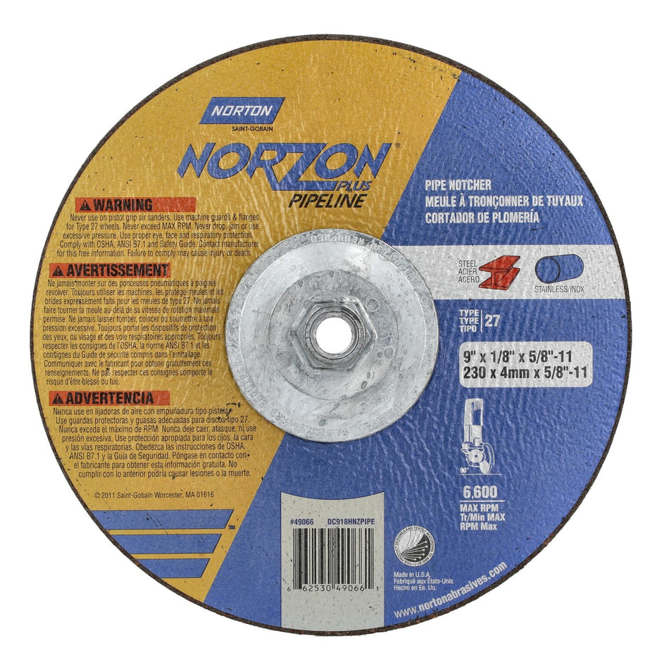 Norton 9 in x 1/8 in x 5/8 in-11 NorZon Plus Type 42 Cut-Off Wheel CA 30 Grit Z, 10-Pack