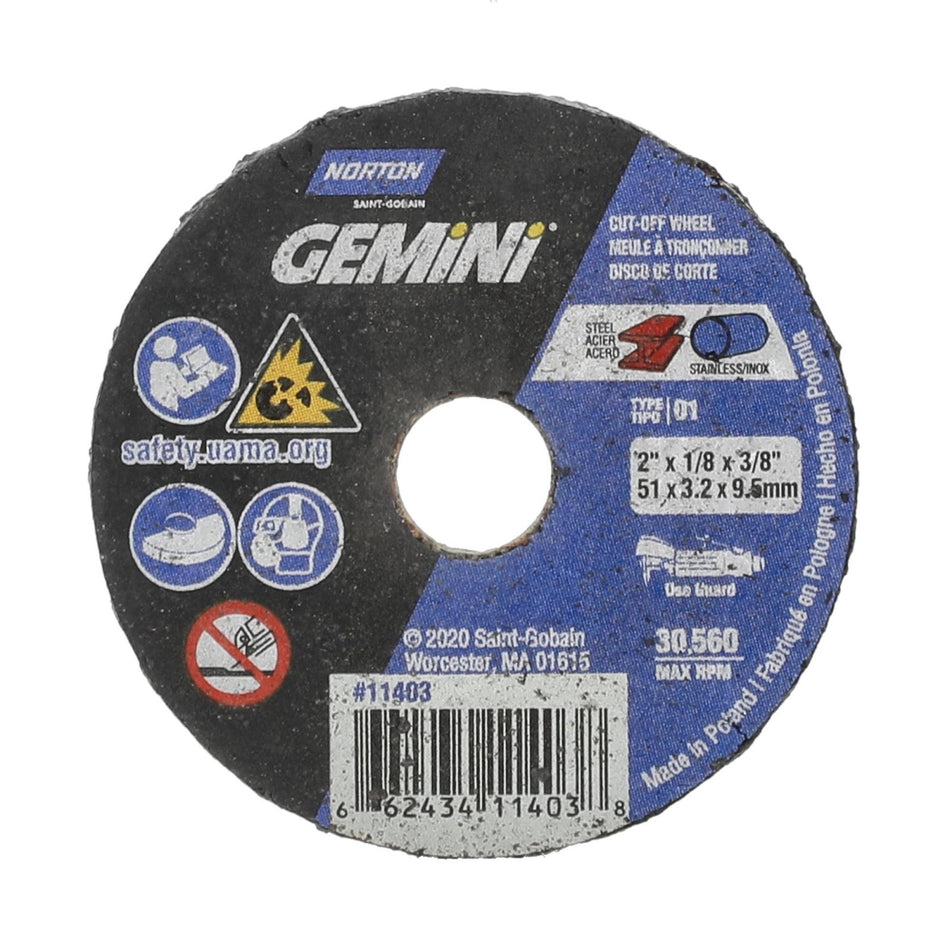 Norton 2 x 1/8 in Gemini Type 41 Cut-Off Wheel AO 36 Grit T, 25-Pack