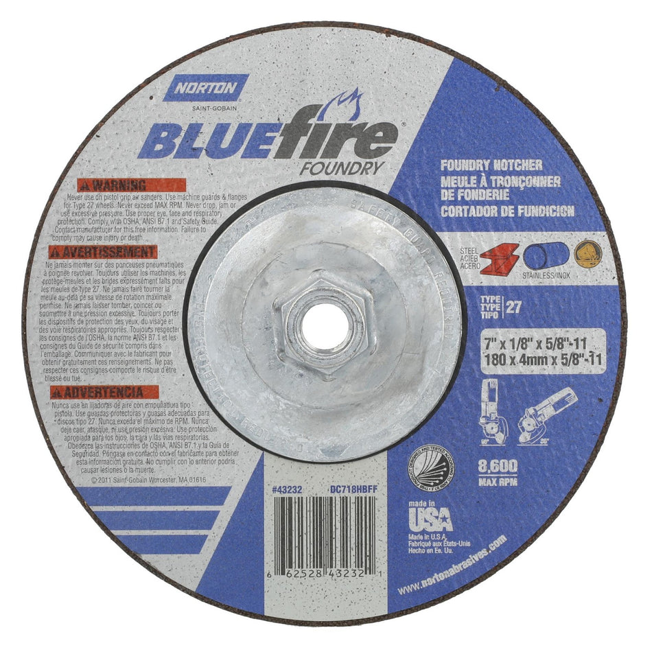 Norton 7 in x 1/8 in x 5/8 in-11 BlueFire Type 27 Grinding Wheel ZA/SC 24 Grit T, 10-Pack