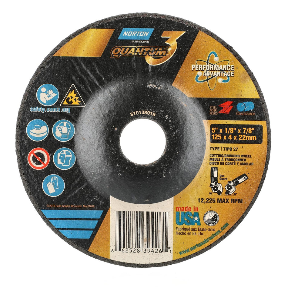 Norton 5 x 1/8 x 7/8 in Quantum3 Type 27 Grinding Wheel CA 24 Grit U, 25-Pack