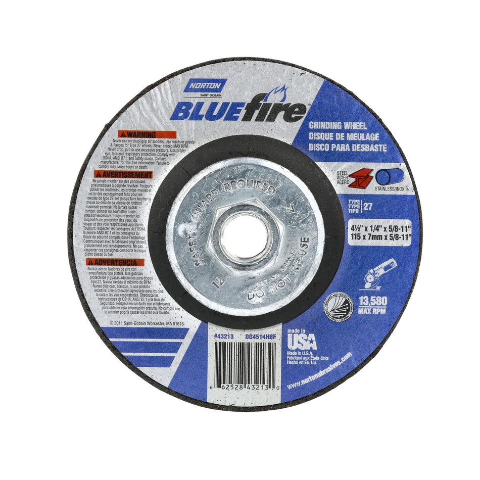 Norton 4-1/2 x 1/4 in BlueFire Type 27 Grinding Wheel ZA 24 Grit S, 10-Pack