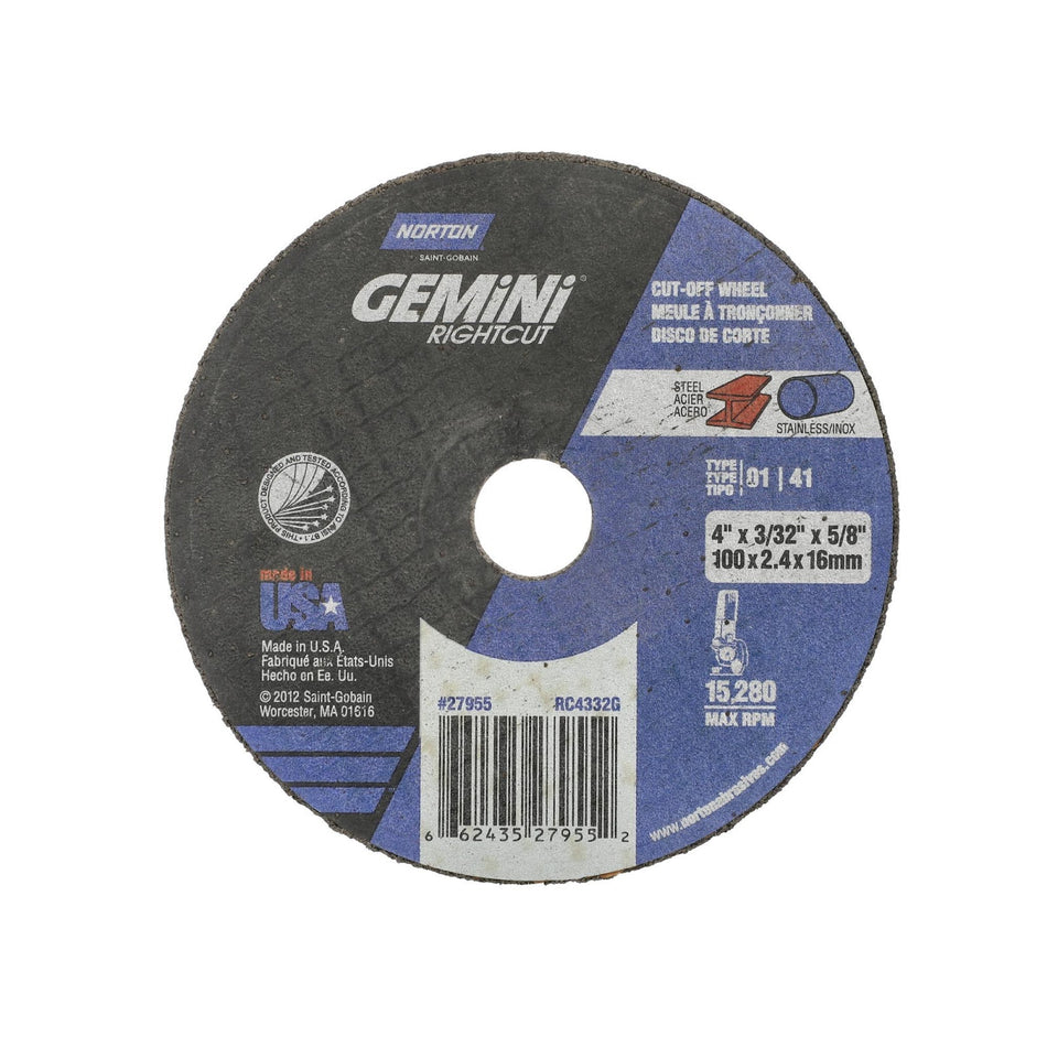 Norton 4 x 3/32 x 5/8 in Gemini Type 41 Cut-Off Wheel AO 46 Grit Q, 25-Pack