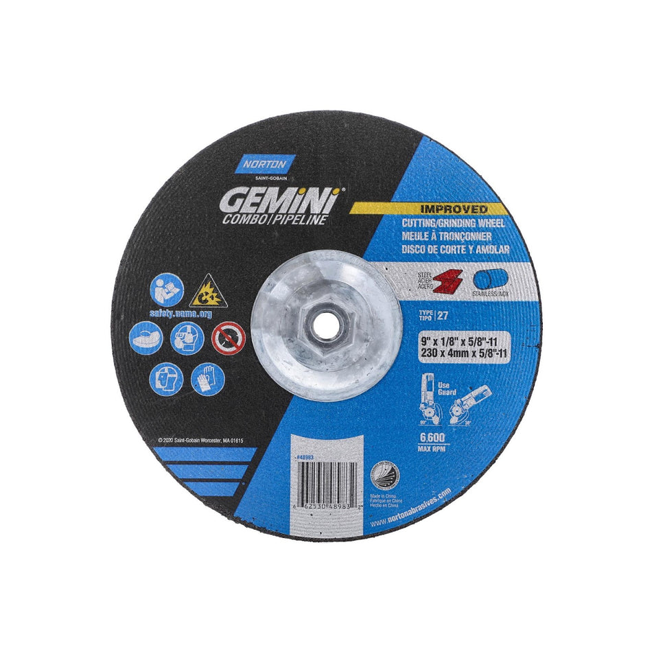 Norton 9 in x 1/8 in x 5/8 in-11 Gemini Type 27 Grinding Wheel AO 24 Grit T, 10-Pack