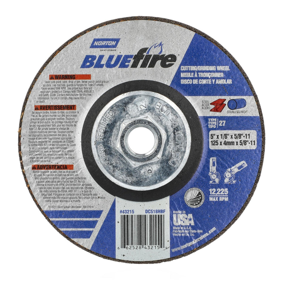 Norton 5 in x 1/8 in x 5/8 in-11 BlueFire Type 27 Grinding Wheel ZA 30 Grit U, 10-Pack
