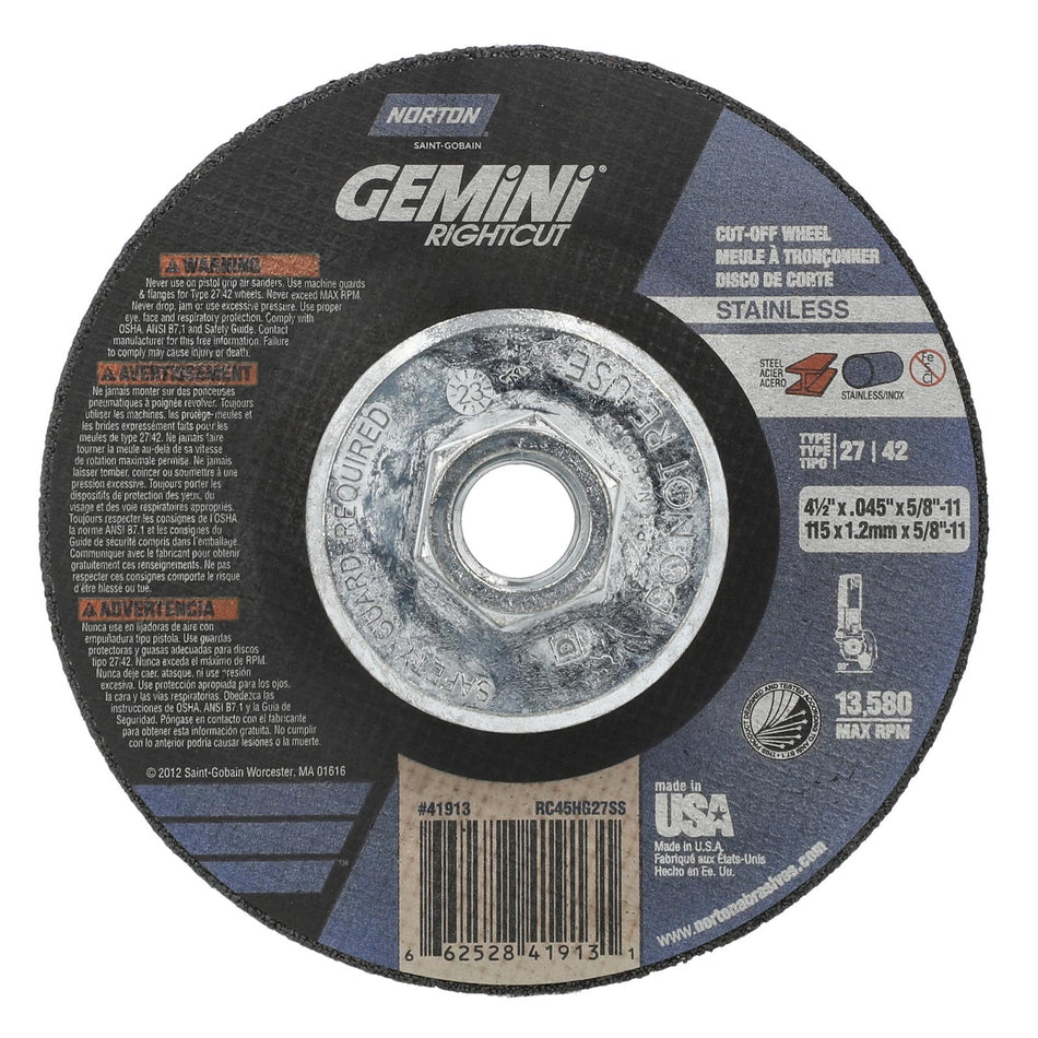 Norton 4-1/2 in x 0.045 in x 5/8 in-11 Gemini Type 42 Cut-Off Wheel AO 46 Grit T, 10-Pack