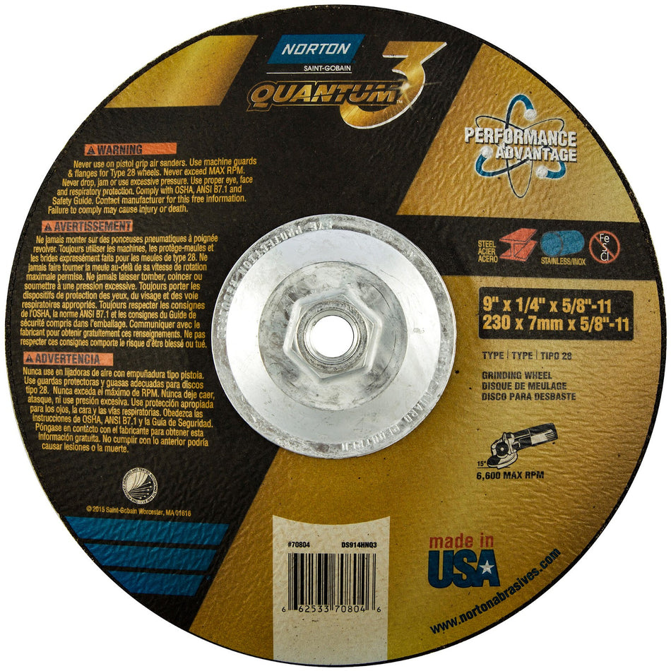 Norton 9 in x 1/4 in x 5/8 in-11 Quantum3 Type 28 Grinding Wheel CA 20 Grit U, 10-Pack