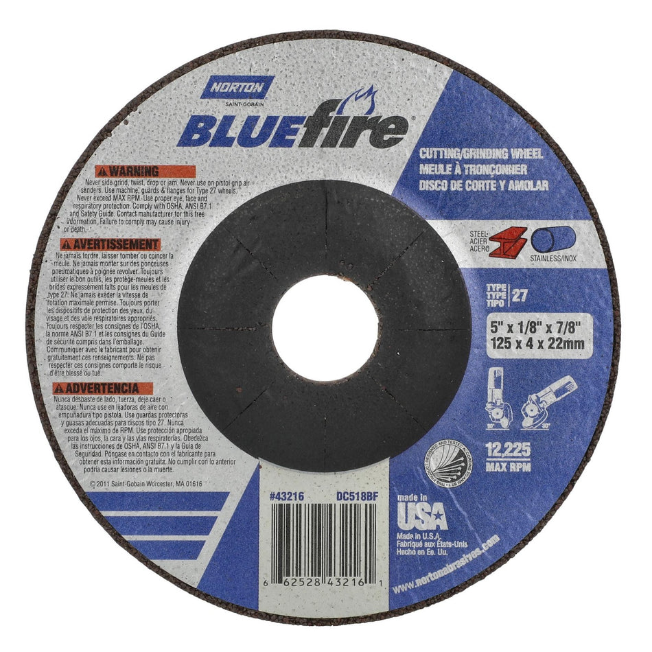 Norton 5 x 1/8 x 7/8 in BlueFire Type 27 Grinding Wheel ZA 30 Grit U, 25-Pack