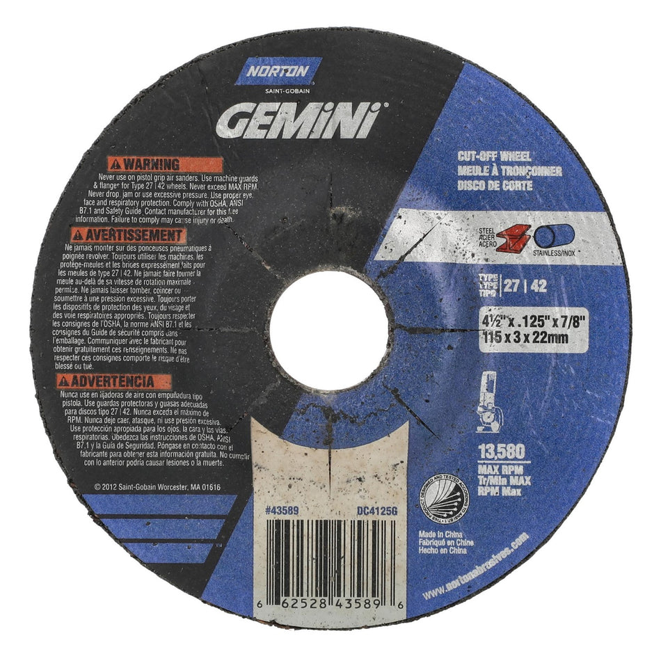 Norton 4-1/2 x 0.125 in Gemini Type 42 Cut-Off Wheel AO 30 Grit T, 25-Pack