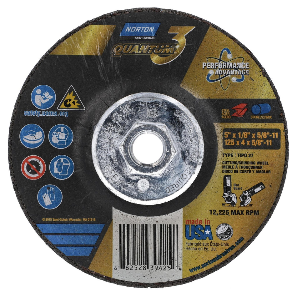 Norton 5 in x 1/8 in x 5/8 in-11 Quantum3 Type 27 Grinding Wheel CA 24 Grit U, 10-Pack