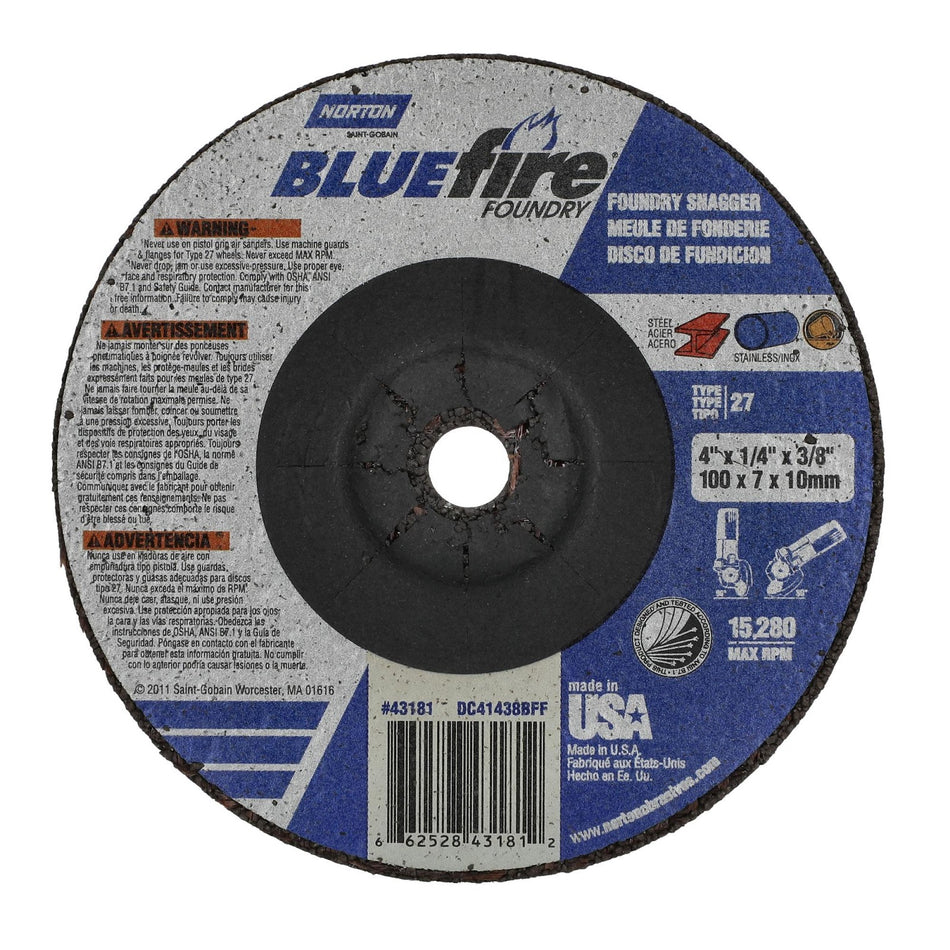 Norton 4 x 1/4 x 3/8 in BlueFire Type 27 Grinding Wheel ZA/SC 24 Grit T, 25-Pack