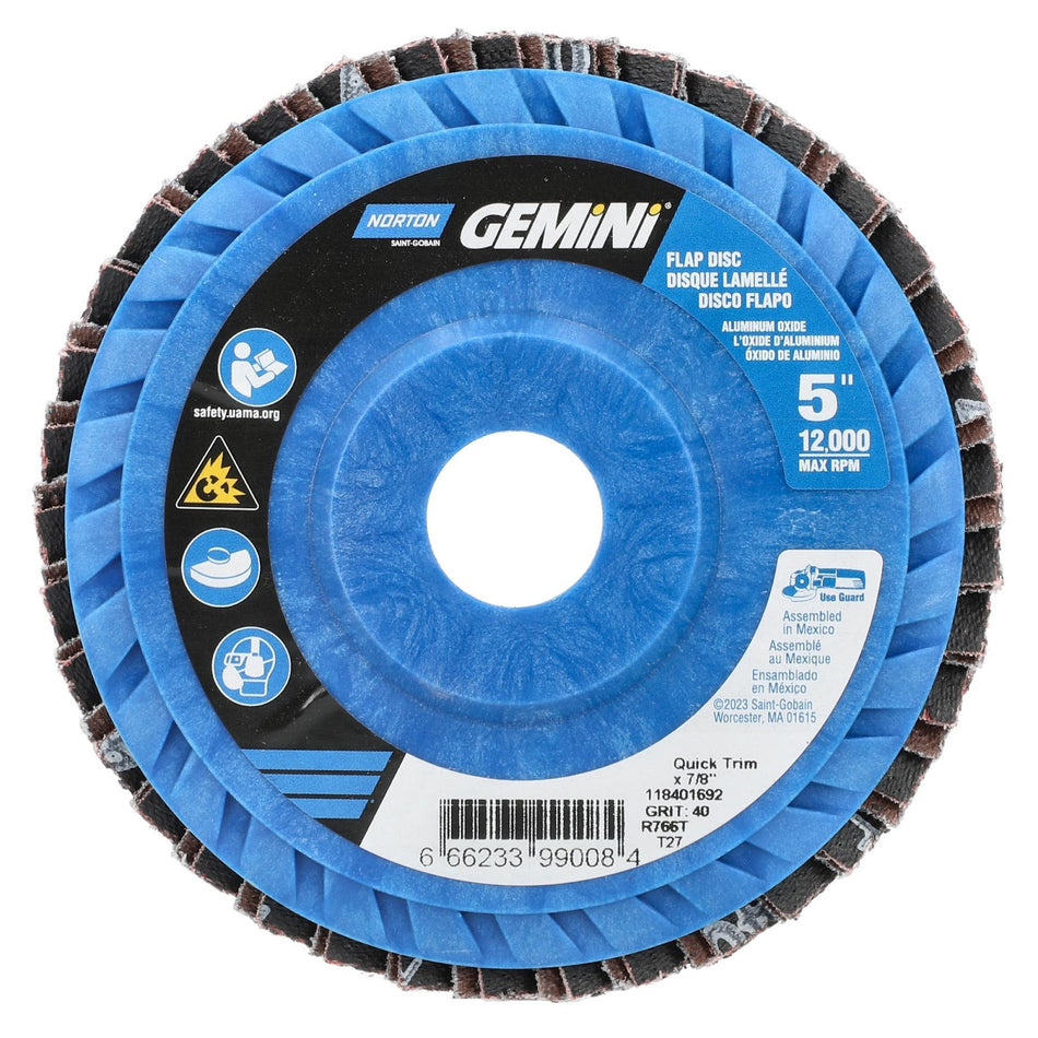 Norton 5 x 7/8 in Gemini Plastic Flat Flap Disc Center Mount Type 27 P40 Grit R766T Zirconia Alumina, 10-Pack