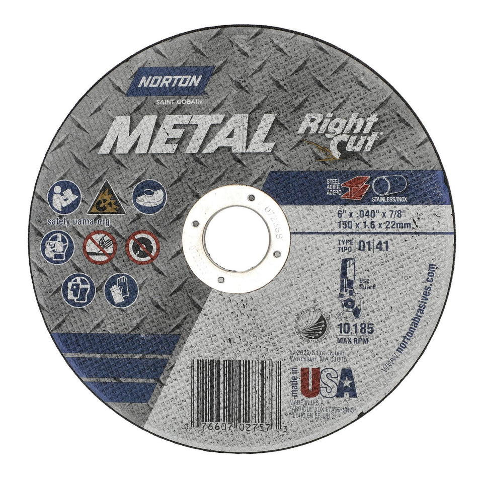 Norton 6 x 0.04 x 7/8 in Metal Type 41 Cut-Off Wheel AO 60 Grit Q, 25-Pack