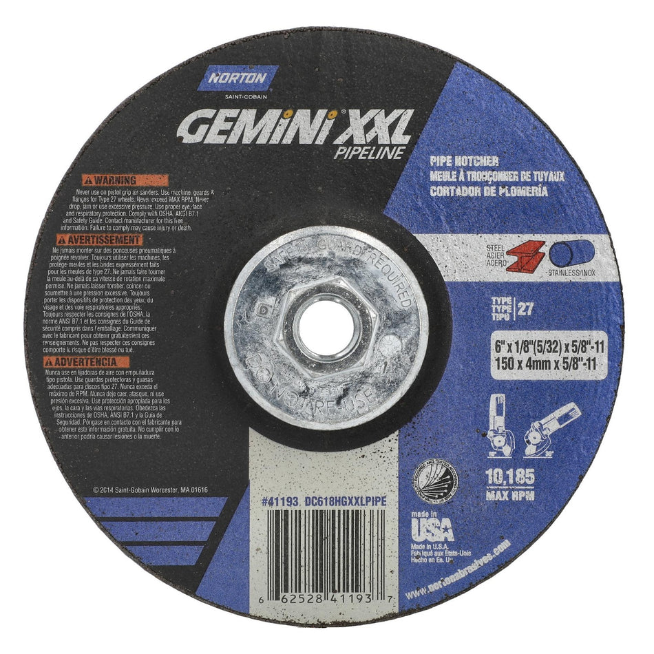 Norton 6 in x 1/8 in x 5/8 in-11 Gemini XXL Type 27 Grinding Wheel AO 30 Grit V, 10-Pack