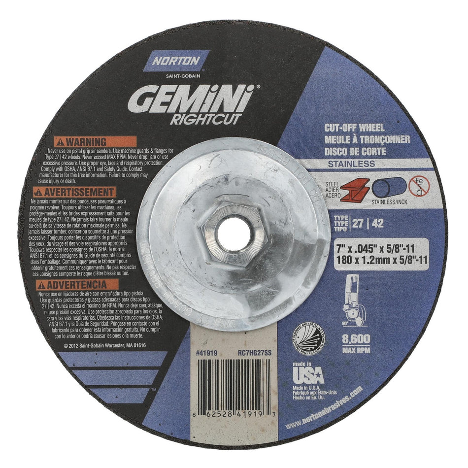 Norton 7 in x 0.045 in x 5/8 in-11 Gemini Type 42 Cut-Off Wheel AO 36 Grit U, 10-Pack