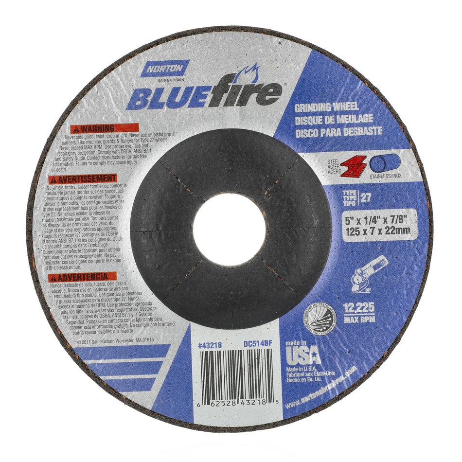 Norton 5 x 1/4 x 7/8 in BlueFire Type 27 Grinding Wheel ZA 24 Grit S, 25-Pack