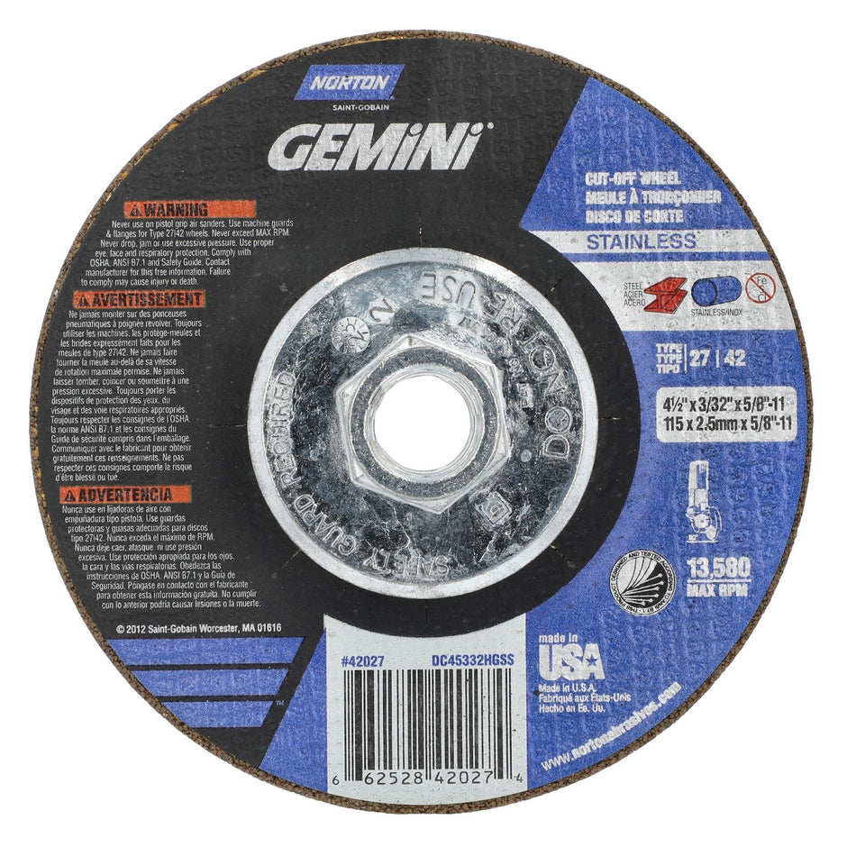 Norton 4-1/2 in x 3/32 in x 5/8 in-11 Gemini Type 42 Cut-Off Wheel AO 30 Grit Q, 10-Pack