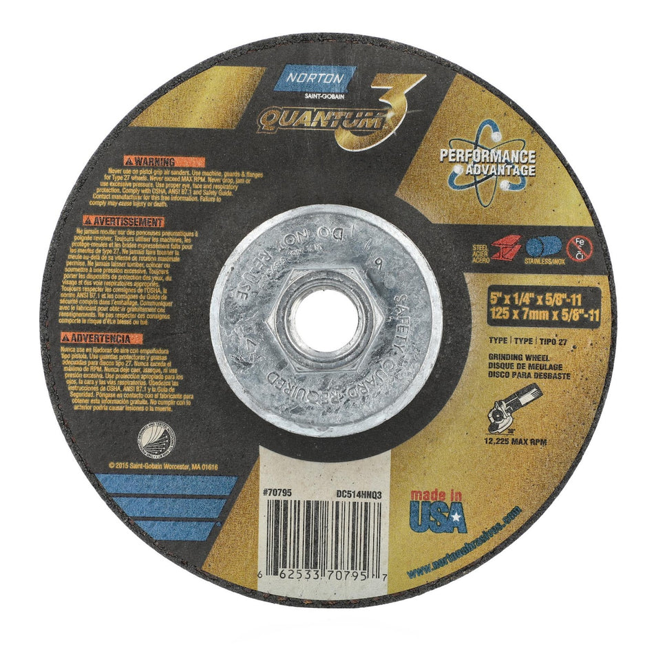 Norton 5 in x 1/4 in x 5/8 in-11 Quantum3 Type 27 Grinding Wheel CA 20 Grit P, 10-Pack