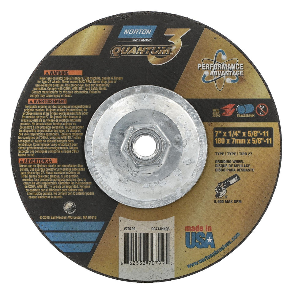 Norton 7 in x 1/4 in x 5/8 in-11 Quantum3 Type 27 Grinding Wheel CA 20 Grit Q, 10-Pack