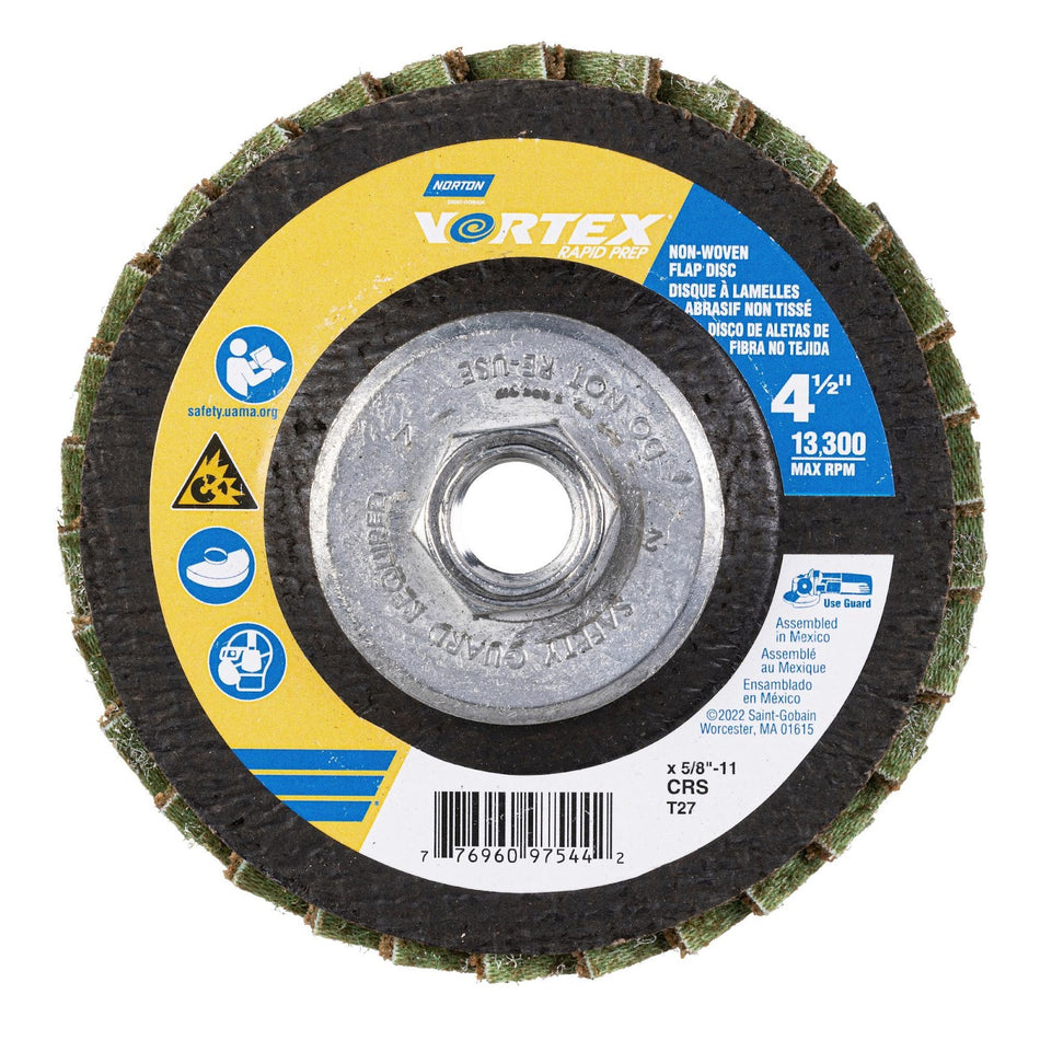 Norton 4-1/2 in Vortex Rapid Prep Fiberglass Non-Woven Flat Flap Disc Arbor Thread Type 27 Coarse Grit Aluminum Oxide, 10-Pack
