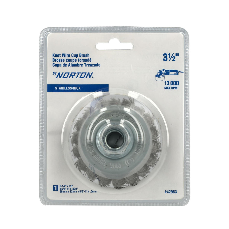 Norton 3-1/2 x 0.020 x 5/8-11 x 7/8 In. Stainless Steel Standard Twist Knot Wire Cup Brush, 10-Pack