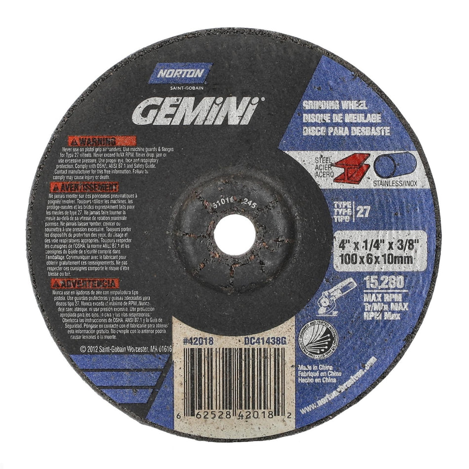Norton 4 x 1/4 x 3/8 in Gemini Type 27 Grinding Wheel AO 24 Grit Q, 25-Pack